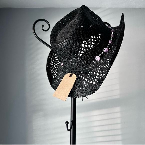 Free People Accessories - Black Western Cowboy Hat with Pink Beads
